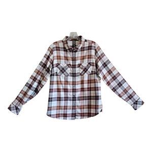 KUHL Women M Tess Flannel Shirt Snaps Corduroy Trim Brown Plaid Cotton Tencel 40